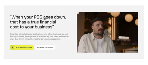 Ditto testimonials section: large quote with copy and two buttons on the left beside a video frame of a customer speaking, in a gray panel