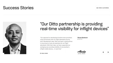 Ditto testimonials section: black-and-white portrait beside a large quote, customer name, Alaska Airlines logo and prev/next arrows