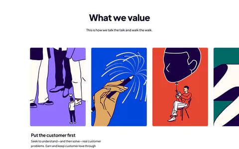 Dovetail value proposition section: centered headline above a carousel of bold illustrated value cards with the first value's text below