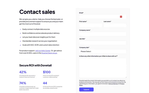 Dovetail contact section: copy with checklist, ROI stats and customer logos on the left beside a gray contact sales form with purple submit