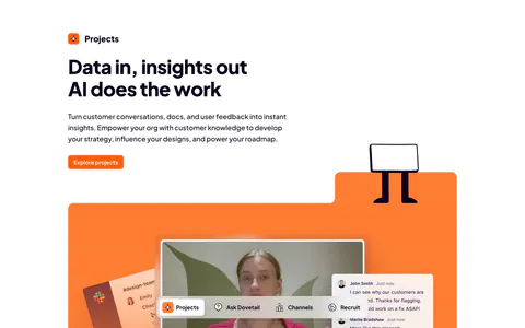 Dovetail features section: left-aligned headline and orange button above an orange panel with a video insights UI and three tabbed benefits