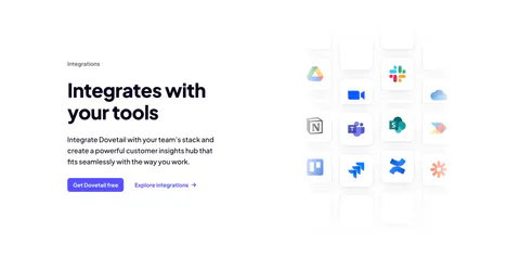 Dovetail integrations section: headline, copy and two CTAs on the left beside a fading grid of app icon tiles like Slack, Notion and Jira