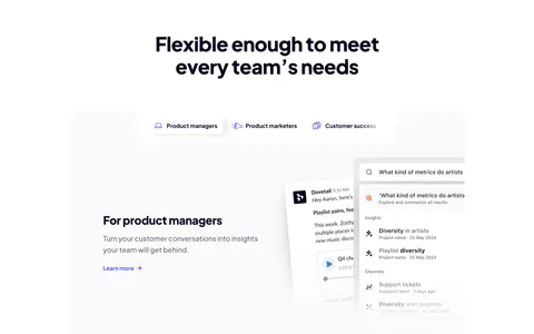 Dovetail features section: centered headline above role tabs and a panel with product manager copy beside chat and search UI cards