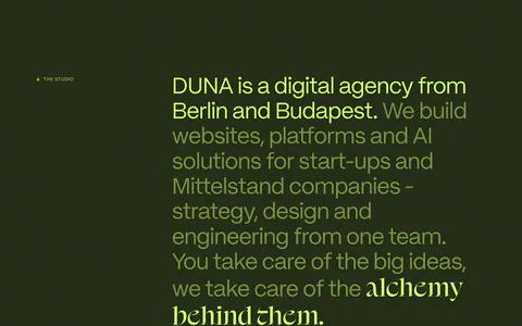 DUNA about & mission section: large lime agency statement paragraph above a four-stat row on a dark olive background