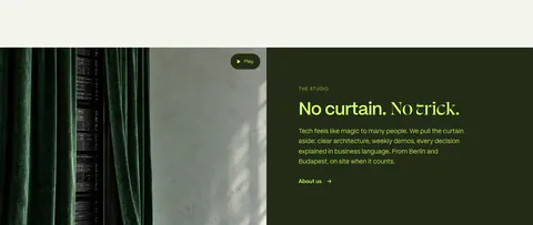 DUNA about & mission section: curtain and server rack photo with play button beside lime heading and copy on dark olive panel