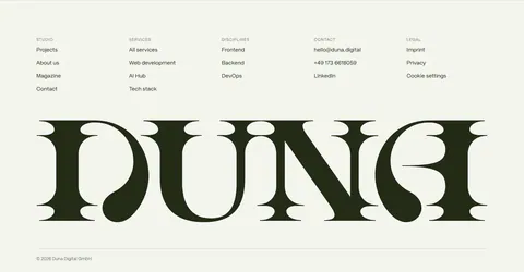 DUNA footer section: five link columns above a giant dark serif DUNA wordmark and copyright line on off-white