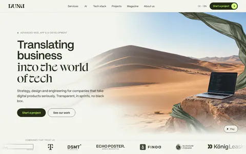DUNA hero section: mixed sans and serif headline with two buttons beside a desert dune photo with laptop, client logo strip below