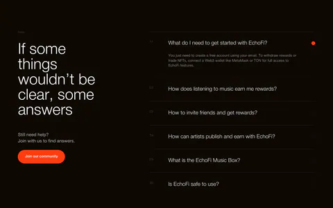 EchoFi FAQ section: large headline and orange community button at left, numbered question accordion at right on black