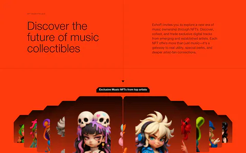EchoFi features section: headline and copy split over orange, above a fanned carousel of 3D character NFT cards