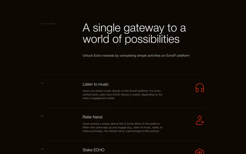 EchoFi features section: headline above a numbered four-row list with orange line icons on a near-black background