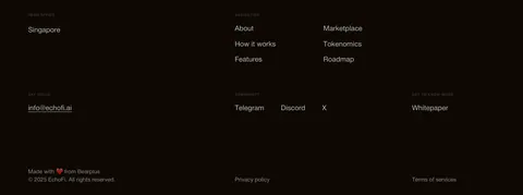 EchoFi footer section: office, contact email, navigation and community link columns with copyright on near-black