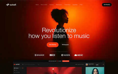 EchoFi hero section: centered headline over an orange-lit portrait photo, exchange logo row and dark music app screenshot on black