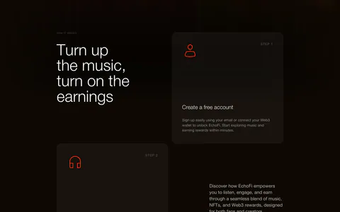 EchoFi how it works section: headline at left with three staggered step cards and orange line icons on a dark background