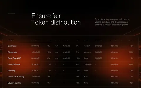 EchoFi other section: headline beside short copy above a dark tokenomics allocation table with an orange glow