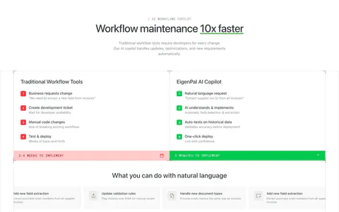 EigenPal comparison section: centered headline above two columns contrasting traditional workflow steps in red with AI copilot steps in green
