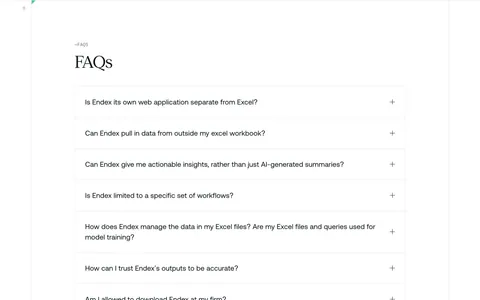 Endex FAQ section: serif FAQs heading above a bordered accordion list of ten questions with plus icons on white