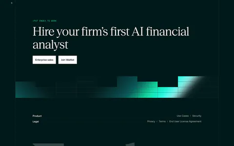 Endex footer section: serif CTA headline with two buttons, teal pixel-grid strip, link rows and a huge faded Endex wordmark on dark green