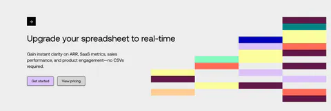 Equals call-to-action section: left-aligned headline with two buttons beside a stepped grid of colorful blocks on a light gray background