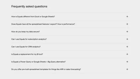 Equals FAQ section: left-aligned heading above an eight-question accordion with plus icons on a light gray background