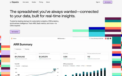 Equals hero section: nav bar and left-aligned headline above an ARR dashboard screenshot flanked by colorful stepped block graphics