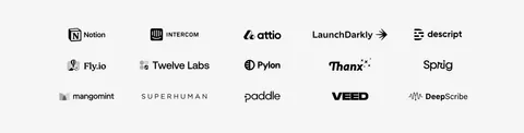 Equals logo cloud section: three rows of five grayscale customer logos including Notion, Intercom and Attio on a light gray background