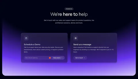 Evervault contact section: centered heading above two cards for booking a demo and messaging support over a purple glow on dark navy