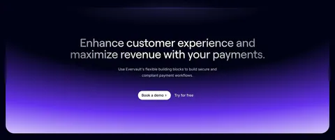 Evervault call-to-action section: centered two-tone headline and demo buttons above a violet gradient glow on a dark navy background