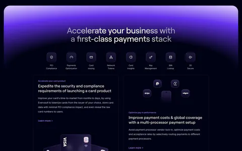 Evervault features section: centered headline and icon row above four dark cards with payment card and vault visuals under a purple glow