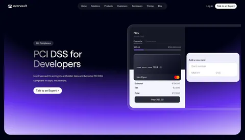 Evervault hero section: nav bar, left headline with expert CTA beside a virtual card payment UI mockup over a purple glow on dark navy