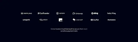 Evervault logo cloud section: two rows of six white customer logos above a centered trust caption on a near-black background