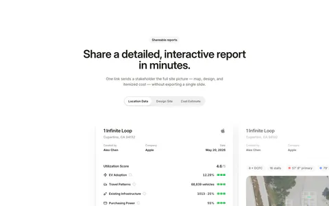 EVpin features section: centered heading and segmented tabs above site report cards with utilization scores, cut off at the right edge