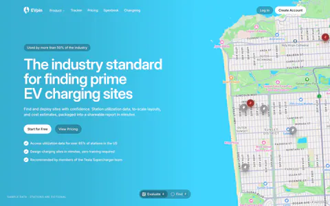EVpin hero section: headline, buttons and checklist on a bright cyan gradient beside a street map with charging station pins