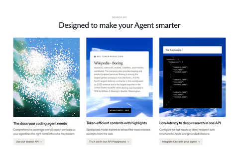 Exa features section: centered headline over three image cards with sky visuals, a text excerpt and JSON output, plus customer callouts below