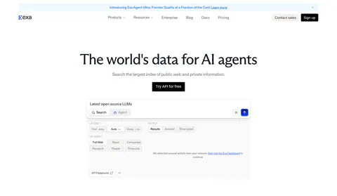 Exa hero section: centered headline and API button above a search playground with query field, filter chips and results panel