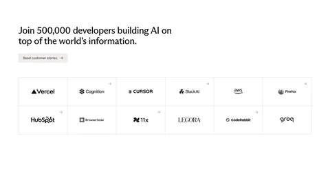 Exa logo cloud section: left-aligned headline and customer stories button above a bordered six-by-two grid of customer logos