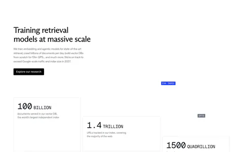 Exa stats section: headline, copy and research button above staggered bordered cards with large monospace figures for index size and compute