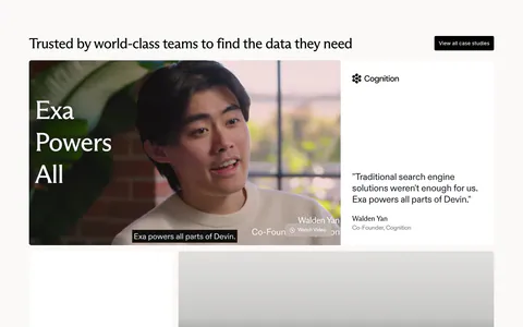 Exa testimonials section: bento with a cofounder video still, Cognition quote card, 2.7M stat tile and a HubSpot case study card