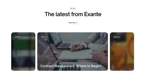 Exante blog & resources section: centered heading and view more button above a carousel of photo article cards with blurred edges