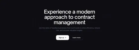 Exante call-to-action section: centered headline with sign up and learn more buttons over a faint grid on a near-black background