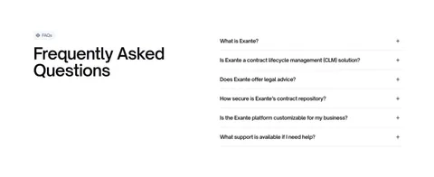 Exante FAQ section: large heading with FAQs badge on the left and a six-question accordion on the right on a white background