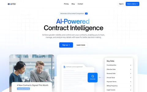 Exante hero section: centered headline with blue gradient text and two CTAs above an office photo and a contract data extraction mockup