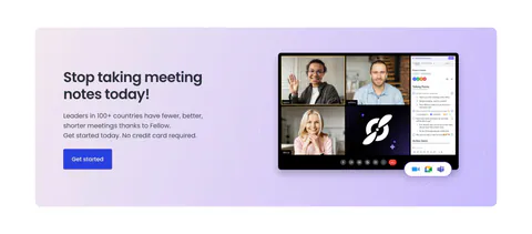 Fellow call-to-action section: lavender panel with headline and blue button beside a video meeting app screenshot with notes sidebar