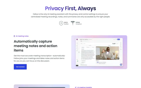 Fellow features section: centered privacy headline with SOC2 and HIPAA badges above alternating rows of text and app screenshots