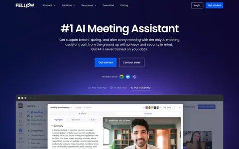 Fellow hero section: centered headline and CTAs on deep navy above a meeting recap app screenshot with tabs and a customer logo row