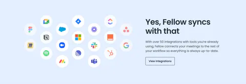 Fellow integrations section: cluster of circular app icons on the left beside headline and button on a pale blue background
