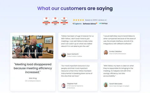 Fellow testimonials section: centered heading with G2 badges above a large video testimonial card and four quote cards