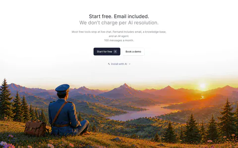 Fernand call-to-action section: centered headline and buttons above a painted sunset landscape with a seated postman