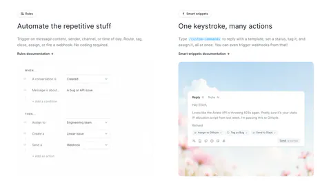 Fernand features section: two columns showing a rules builder form UI and a reply composer on a sky and flower photo