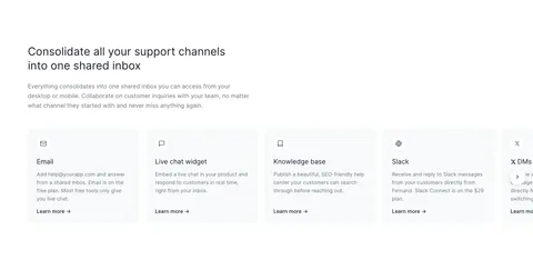 Fernand features section: left-aligned headline above a row of support channel cards cut off at the right edge with a next arrow