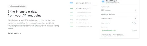 Fernand features section: text on the left, API endpoint response list and customer data sidebar UI on the right